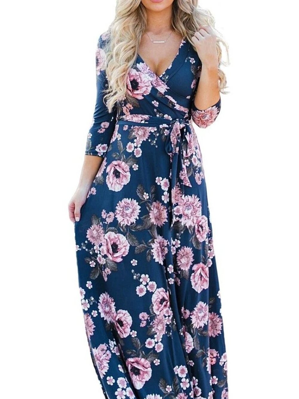 Women's Floral Wrap V Neck Maxi Dress Tie Waist Blue 3/4 Sleeves Size M - Picture 4 of 9